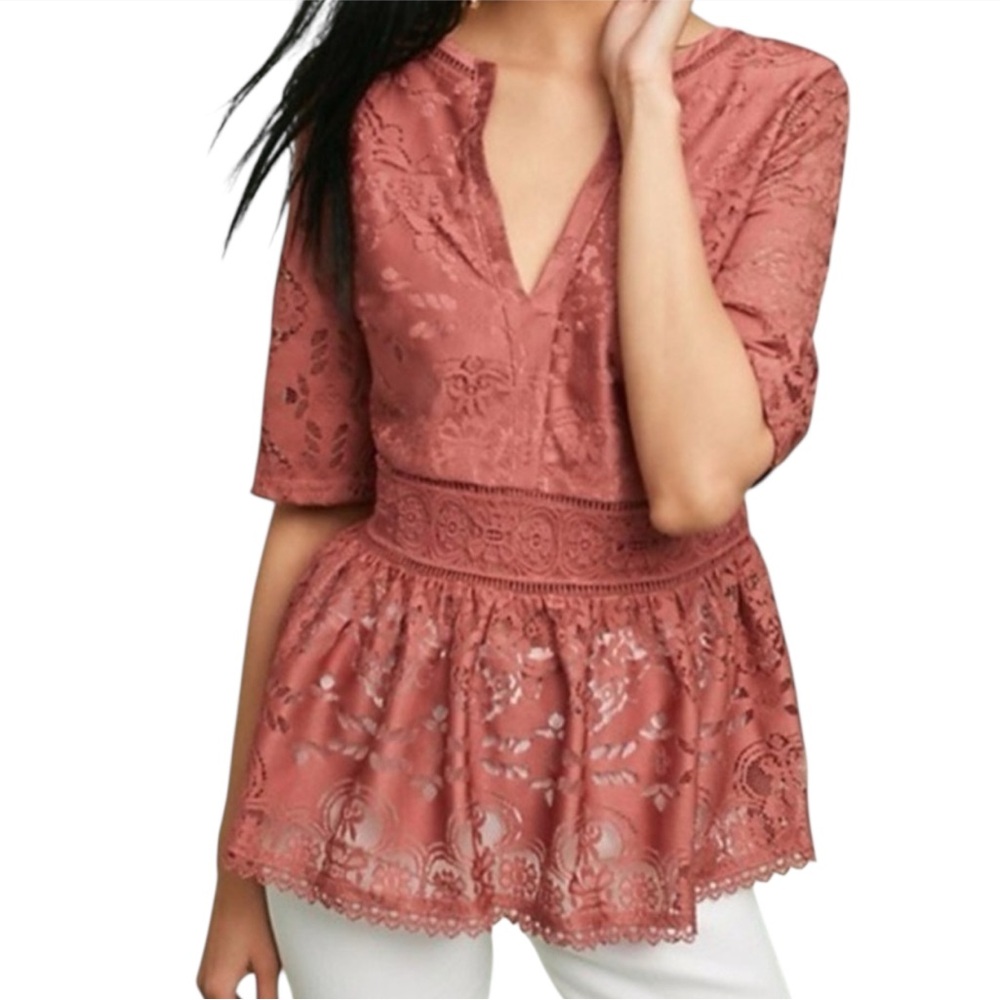 Anthropologie NEW Mae Peplum Dusty Rose Maueve Top by Blue Tassel Size Small